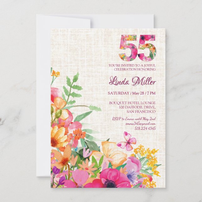 Invitación Cumpleaños 55 Años Flores Lino (Anverso)