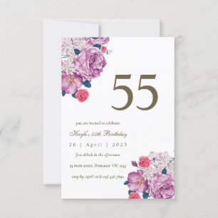 Invitación Cumpleaños 55 Botánico Floral Púrpura Simple Chic