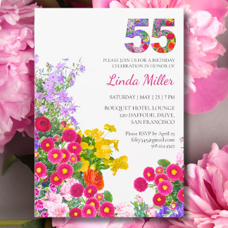 Invitación Cumpleaños 55 Fiesta de Jardín Floral Colorido