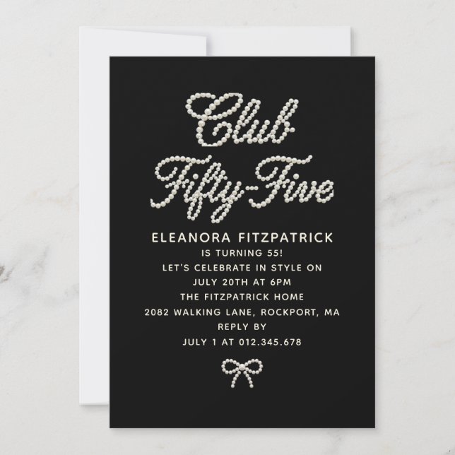 Invitación Cumpleaños 55 negro blanco perla guión lazo (Anverso)
