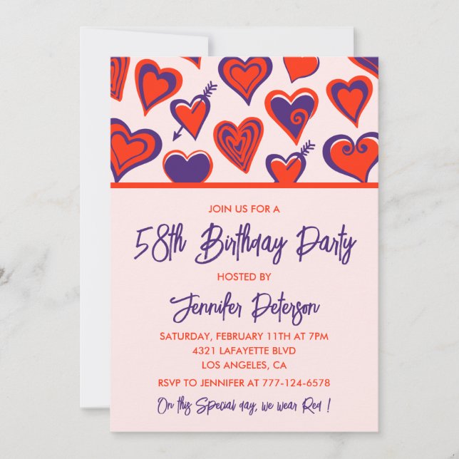 Invitación Cumpleaños 58 corazón rojo rosa glam moderno (Anverso)