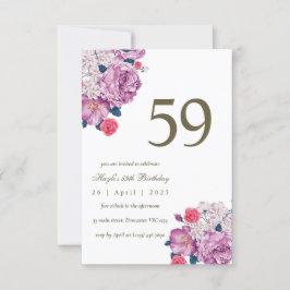 Invitación Cumpleaños 59 Botánico Floral Púrpura Simple Chic