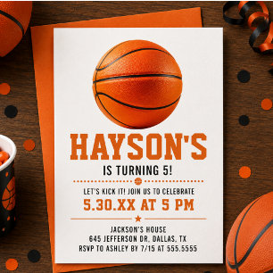 Invitación Cumpleaños 5 años Chico Baloncesto Naranja