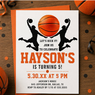 Invitación Cumpleaños 5 años Chico Baloncesto Naranja