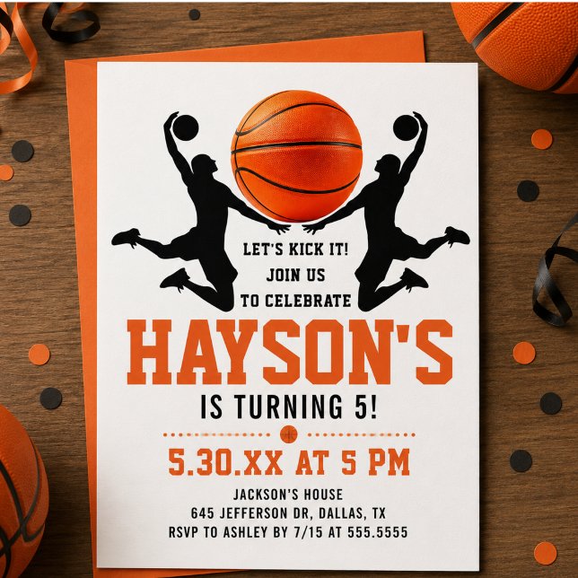 Invitación Cumpleaños 5 años Chico Baloncesto Naranja (orange basketball Boy 5TH Birthday Party Invitation)