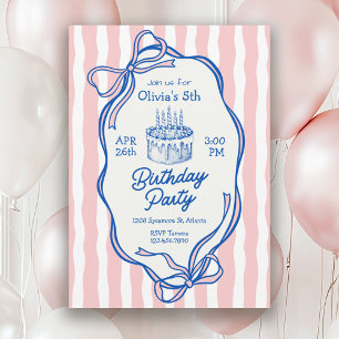 Invitación Cumpleaños 5 Cute Pink Doodle Frame y Lazos