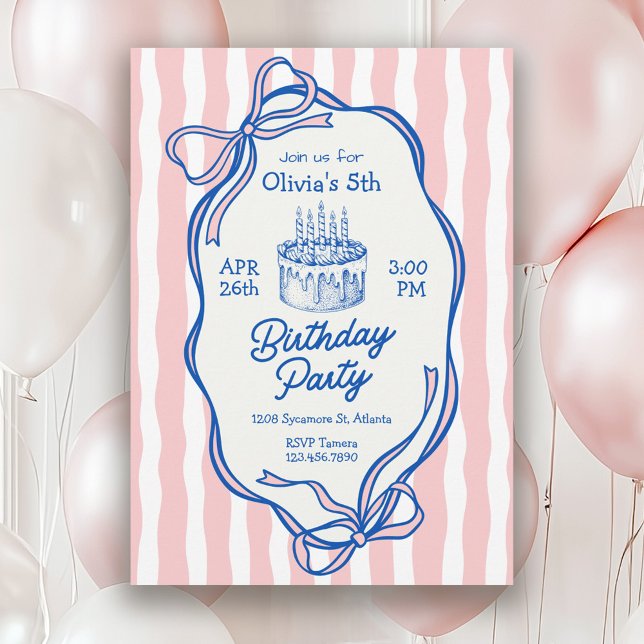 Invitación Cumpleaños 5 Cute Pink Doodle Frame y Lazos (Available in both printed and instant download digital formats.)