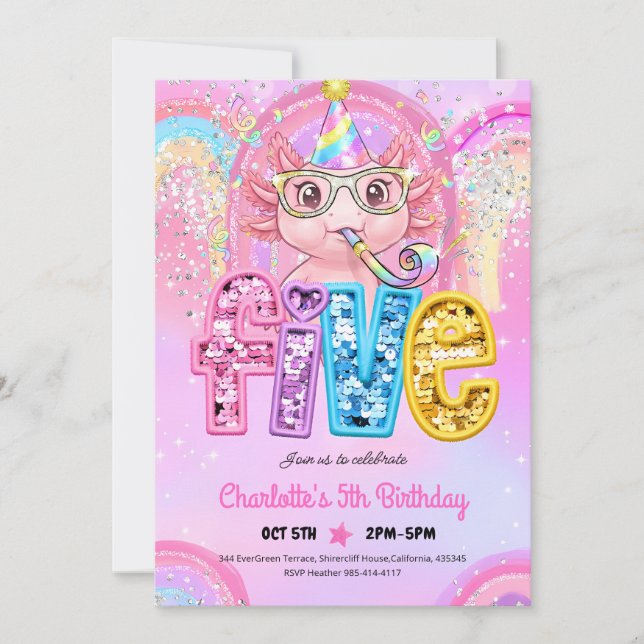 Invitación Cumpleaños 5 de Ajolote Arcoíris (Anverso)
