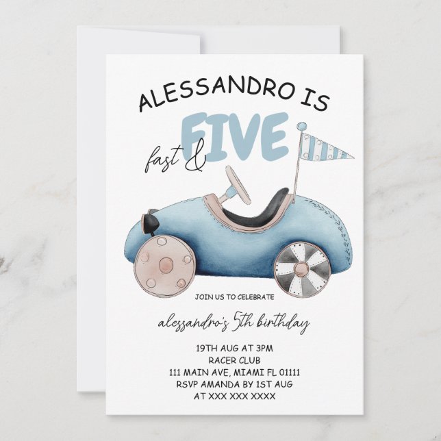 Invitación Cumpleaños 5 de Auto de Carreras Rápido y Cinco (Anverso)
