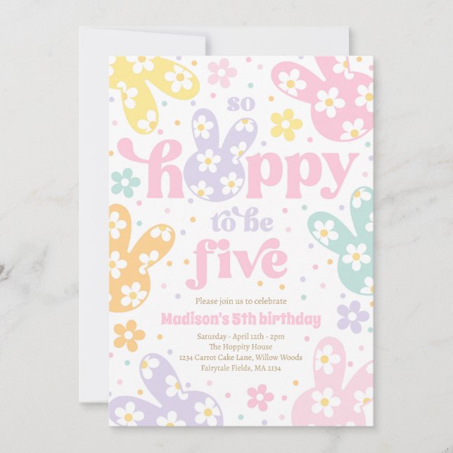Invitación Cumpleaños 5 de Bunny Daisy Floral Pastel Primaver (Anverso)