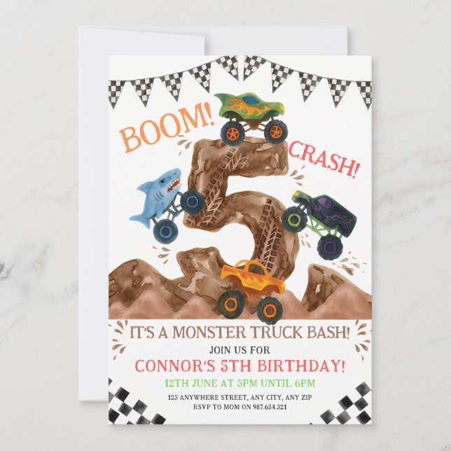 Invitación Cumpleaños 5 de Camión Monstruo (Anverso)