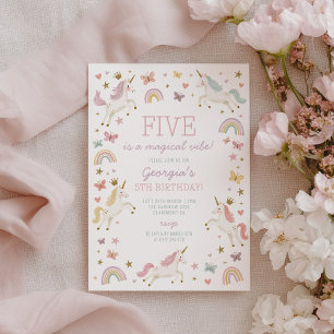 Invitación Cumpleaños 5 de las niñas Mariposa Unicornio Arcoí