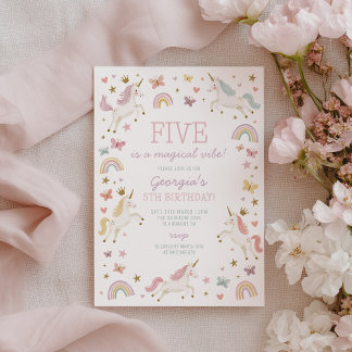Invitación Cumpleaños 5 de las niñas Mariposa Unicornio Arcoí