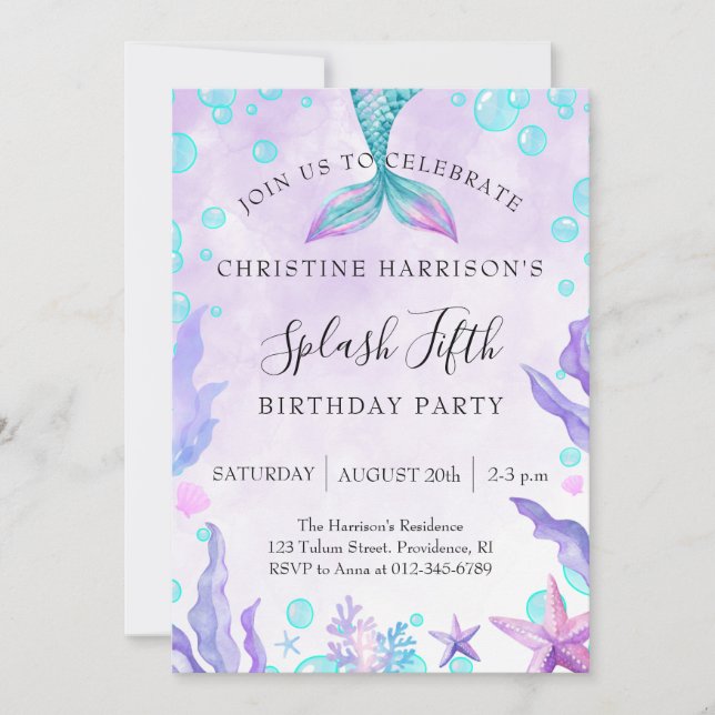 Invitación Cumpleaños 5 de Mermaid Splash  (Anverso)