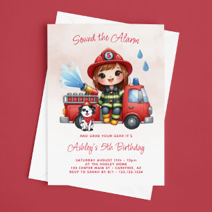 Invitación Cumpleaños 5 de niña bombera en camión de bomberos