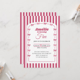 Invitación Cumpleaños 5 de niña con lazo Coquette rosa Vintag