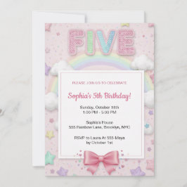 Invitación Cumpleaños 5 de niña con purpurina arcoíris pastel