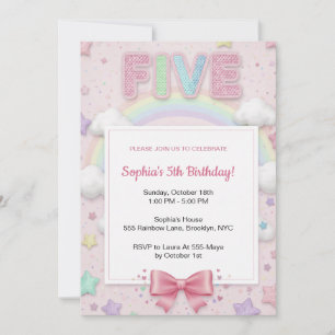 Invitación Cumpleaños 5 de niña con purpurina arcoíris pastel