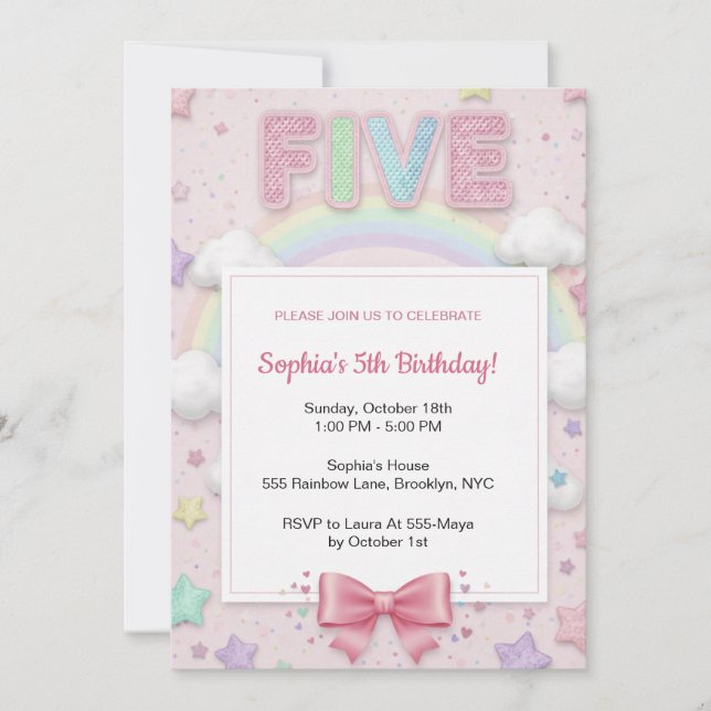 Invitación Cumpleaños 5 de niña con purpurina arcoíris pastel (Anverso)