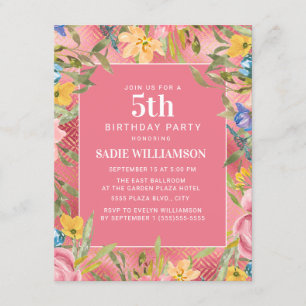 Invitación Cumpleaños 5 de niña floral amarillo azul dorado r