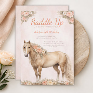 Invitación Cumpleaños 5 de Niña Melocotón Floral Caballo