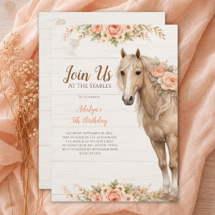 Invitación Cumpleaños 5 de niña montando caballo floral meloc