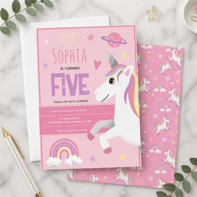 Invitación Cumpleaños 5 de niñas unicornio rosa lindo (Subido por el creador)