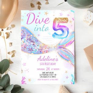 Invitación Cumpleaños 5 de Sirena Verde Azulada Purpura