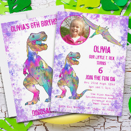 Invitación Cumpleaños 5 del dinosaurio T Rex niña foto púrpur