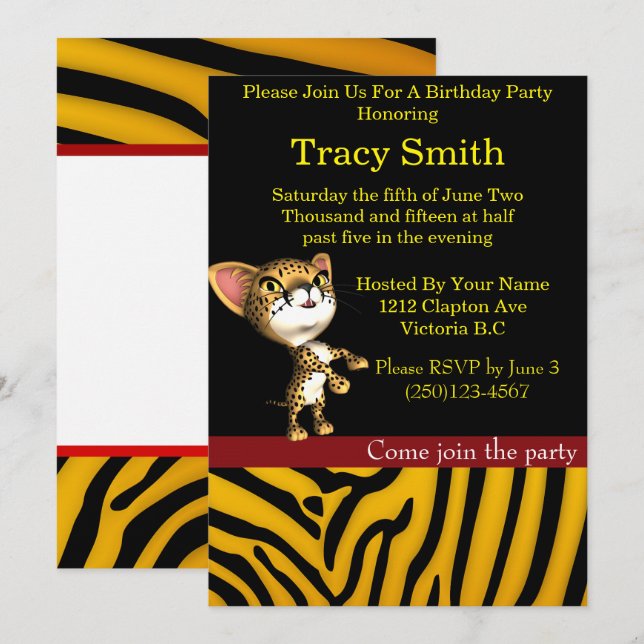 Invitación Cumpleaños 5 del guepardo del fiesta del estampado (Anverso / Reverso)