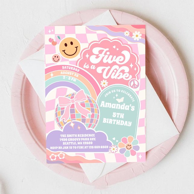 Invitación Cumpleaños 5 Disco Arcoíris Five Is A Vibe (Subido por el creador)