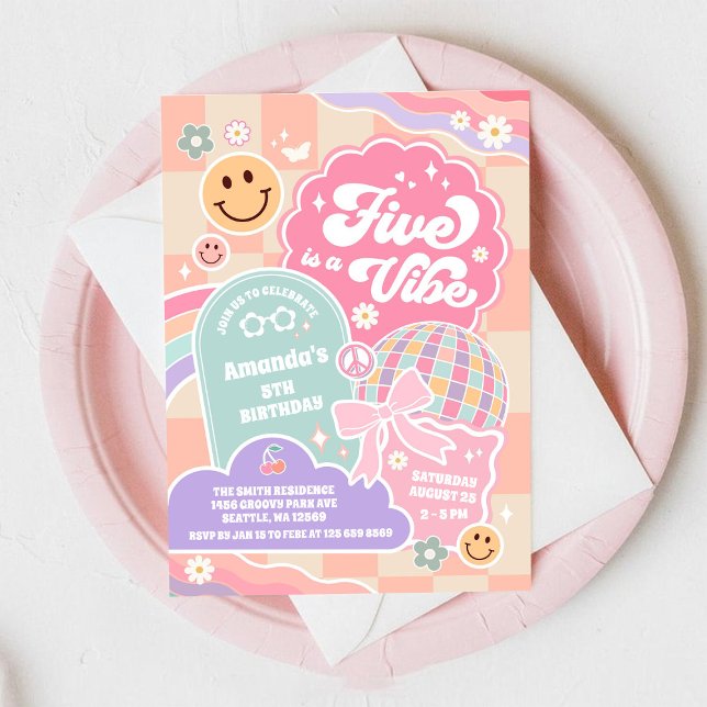 Invitación Cumpleaños 5 Disco Arcoíris Nube Five Is A Vibe (Subido por el creador)