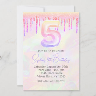 Invitación Cumpleaños 5 Glitter Rosa Holográfico Femenino