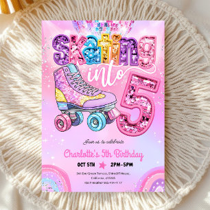 Invitación Cumpleaños 5 Neon Disco Patinaje Sobre Ruedas
