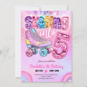 Invitación Cumpleaños 5 Neon Disco Patinaje Sobre Ruedas