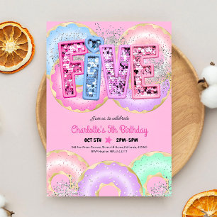 Invitación Cumpleaños 5 Pink Donut Sequin Glitter
