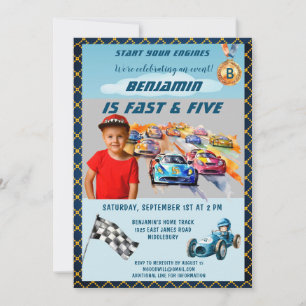 Invitación Cumpleaños 5 Tema Carreras de Autos para Niño Foto