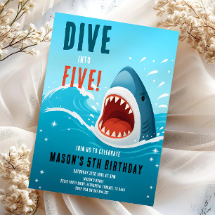 Invitación Cumpleaños 5 Tiburón se sumerge en cinco