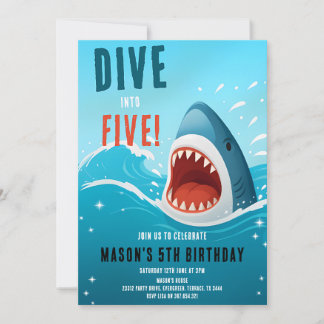 Invitación Cumpleaños 5 Tiburón se sumerge en cinco