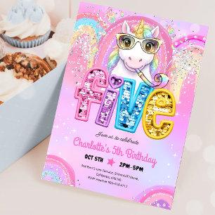 Invitación Cumpleaños 5 Unicornio Arcoíris con Lentejuelas