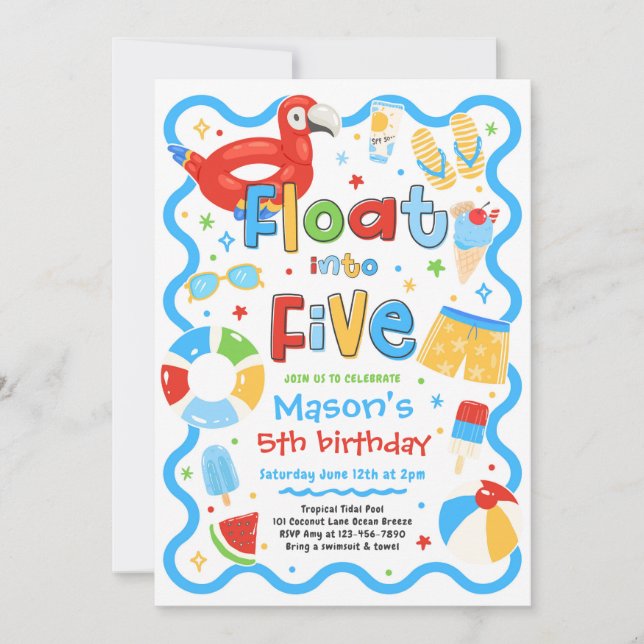 Invitación Cumpleaños 5 Verano Fiesta en la Piscina Float Int (Anverso)