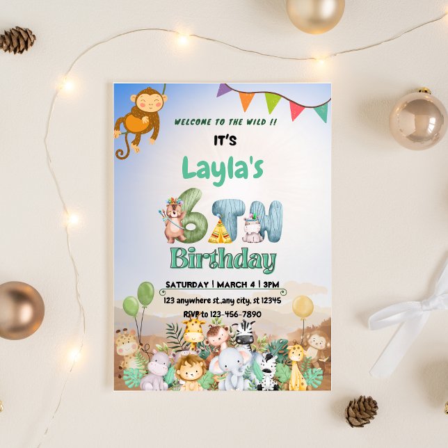 Invitación Cumpleaños 6º Safari Temático Verde y Azul Colorid (Colorful Green & Blue Safari 6th Birthday Invitation)