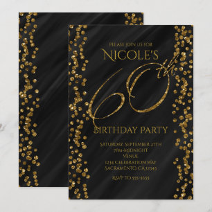 Invitación Cumpleaños 60 60º Glitter Glam Negro y Dorado Fals
