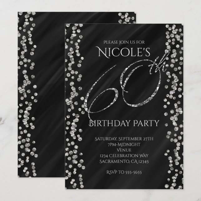 Invitación Cumpleaños 60 60º Negro y Brillo Plateado Falso Gl (Anverso / Reverso)