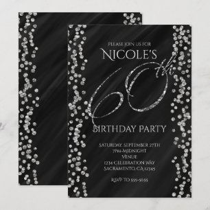 Invitación Cumpleaños 60 60º Negro y Brillo Plateado Falso Gl