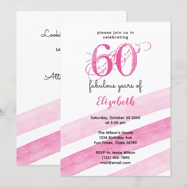 Invitación Cumpleaños 60 60 años fabulosos ROSA (Anverso / Reverso)