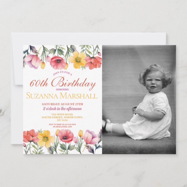 Invitación Cumpleaños 60 Amapola Floral de Primavera Foto  (Anverso)