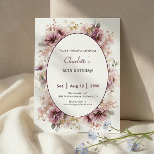 Invitación Cumpleaños 60 Años Floral Púrpura Acuar