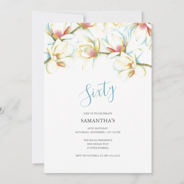 Invitación Cumpleaños 60 Años Magnolias Blancas (Anverso)
