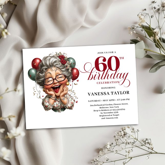 Invitación Cumpleaños 60 Años Señora Divertida Tem (60th Birthday Invitation Funny Lady Humor Theme)